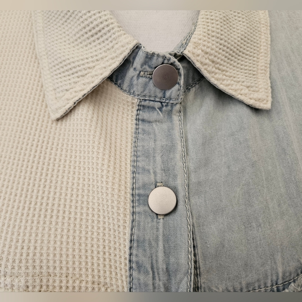 POL Patchwork Denim Shirt/Jacket Blue Ivory Sz L - Picture 8 of 12